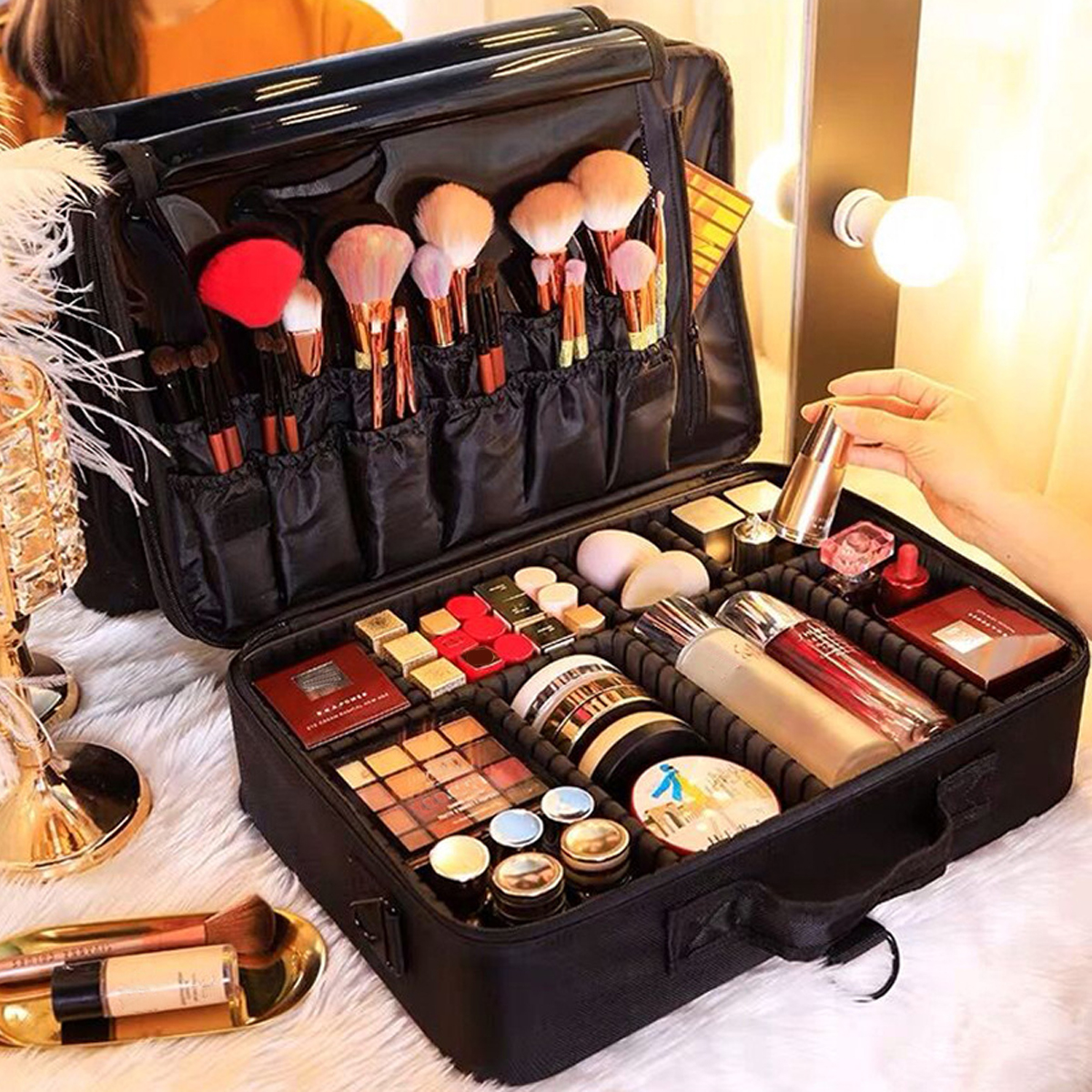 Makeup Case Leather Professional Cosmetic Suitcase Female Beauty Make Up Storage Box Travel Brushes Bag Organizer