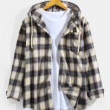 Mens Vintage Plaid Hooded Long Sleeve Shirts With Chest Pocket