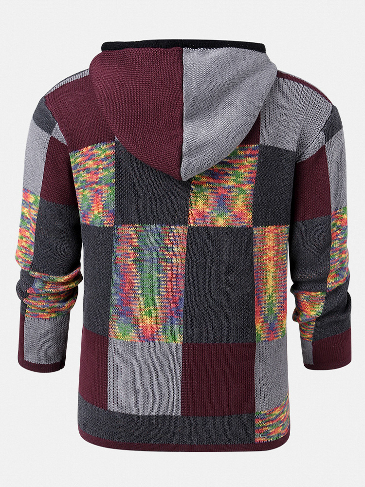 Mens Color Block Knitted Pocket Ethnic Style Sweater Hooded Cardigans