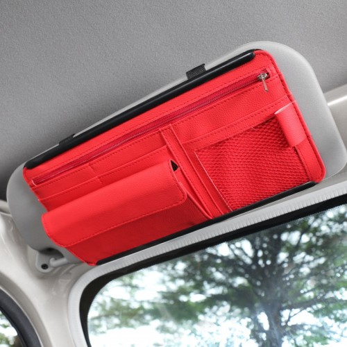 Car Sun Block Glasses Case Document Holder Car Plastic Frame Zipper Type Multi-Function Card Bag Storage Bag (Red)