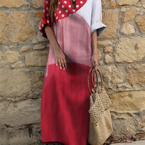 Women Polka Dot Patchwork Side Split Long Sleeve Cotton Bohemian Vintage Maxi Dresses