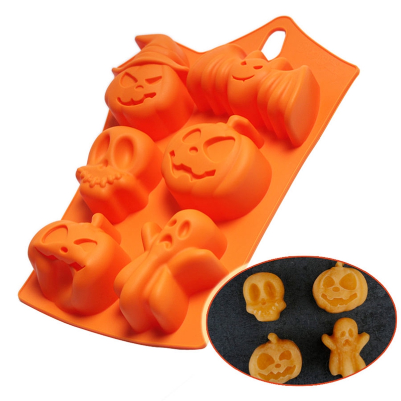 6 Grids Pumpkin Bat Skull Ghost Shape Silicone Mold Candy Chocolate Mold for Halloween Party Decoration
