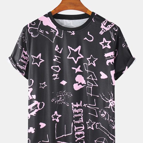 Mens Letter Stars Print Crew Neck Loose Casual Short Sleeve T-Shirts