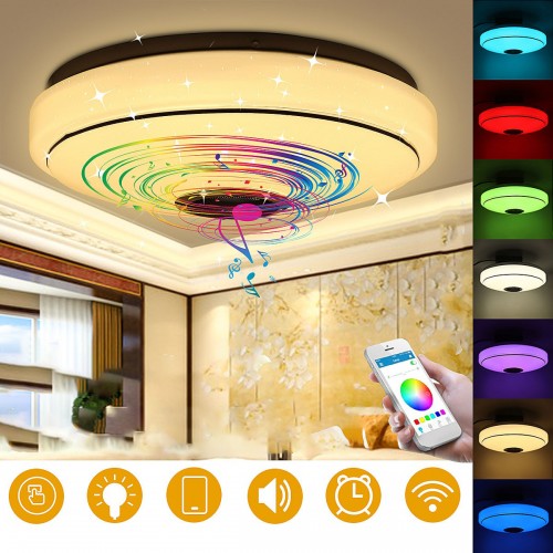 Dimmable RGBW LED Music Ceiling Lights with bluetooth Speaker Cellphone APP Control Color Changing LED Flush Mount Ceiling Light LED Down Light Fixture for Home Bedroom Decor Party Lighting AC220V/110~220V
