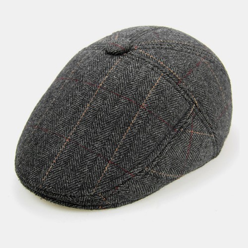 Men Woolen Felt Plus Velvet Thicken Keep Warm Ear Protection Lattice Pattern Casual British Style Forward Hat Beret Hat