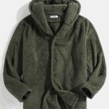 Mens Fluffy Solid Color Button Front Teddy Hooddie Jacket