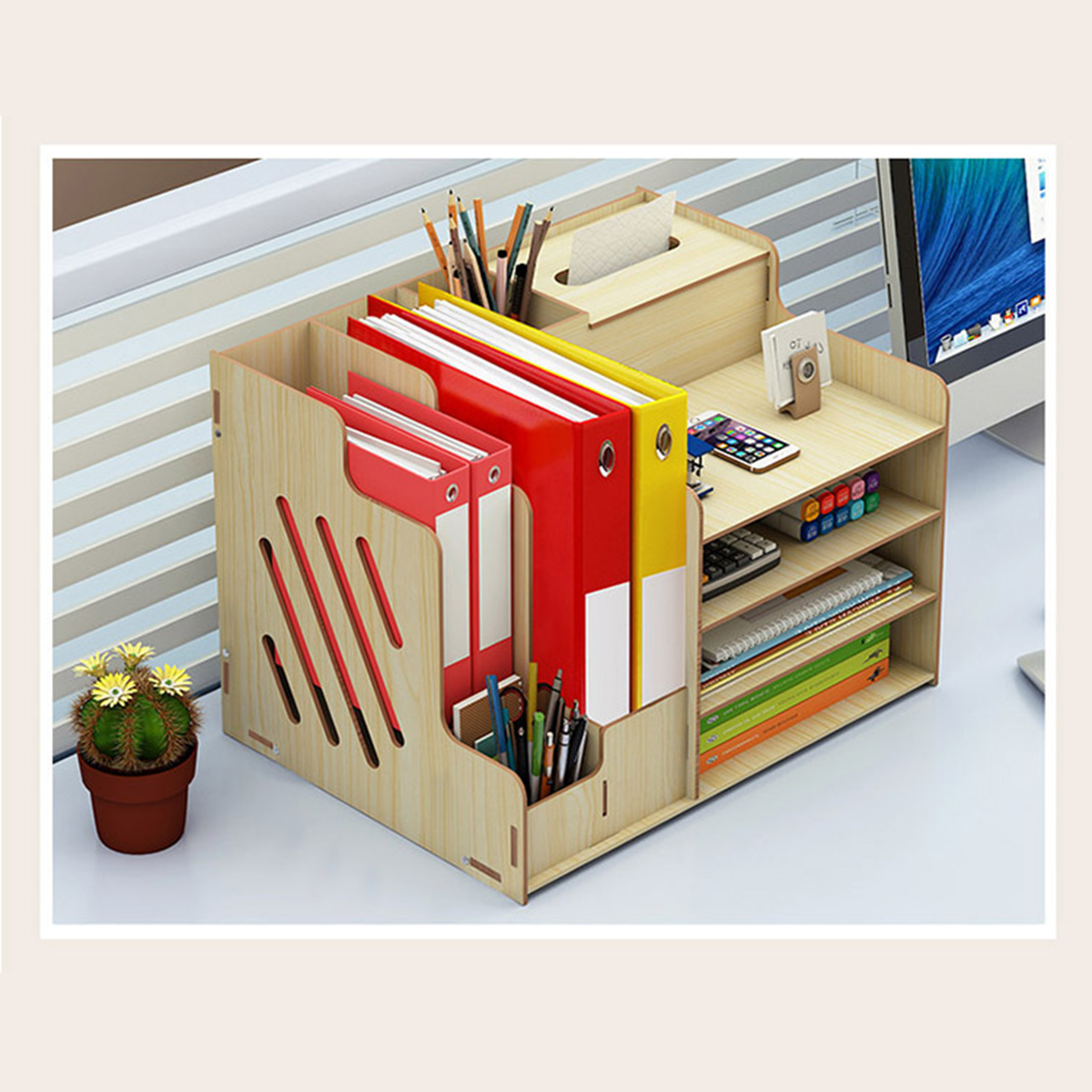 Wooden Desktop Organizer Multi-Functional Pen Pencil Holder Storage Box Stationary File Storage Rack Bookshelf with Drawer Home Office Supplies