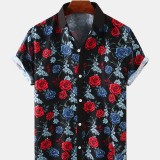 Holiday Casual Mens Rose Floral Print Lapel Collar Short Sleeve Shirts