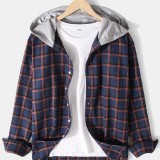 Mens Cotton Plaid Patchwork Hooded Long Sleeve Classic Shirts