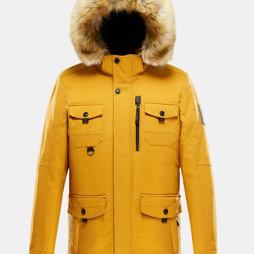 Mens Thicken Multi Pocket Faux Fur Collar Hooded Windproof Warm Mid-Length Coats
