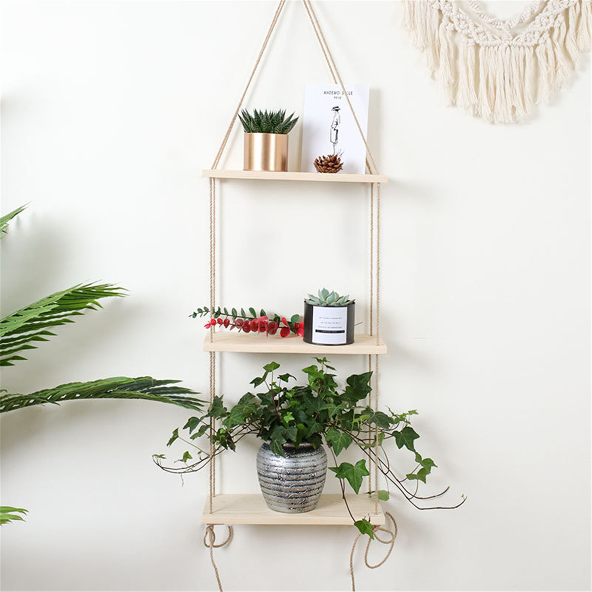 2/3 Tiers Rope Wall Hanging Shelf Vintage Solid Wood Floating Wall Mounting Storage Rack Home Office Decoration