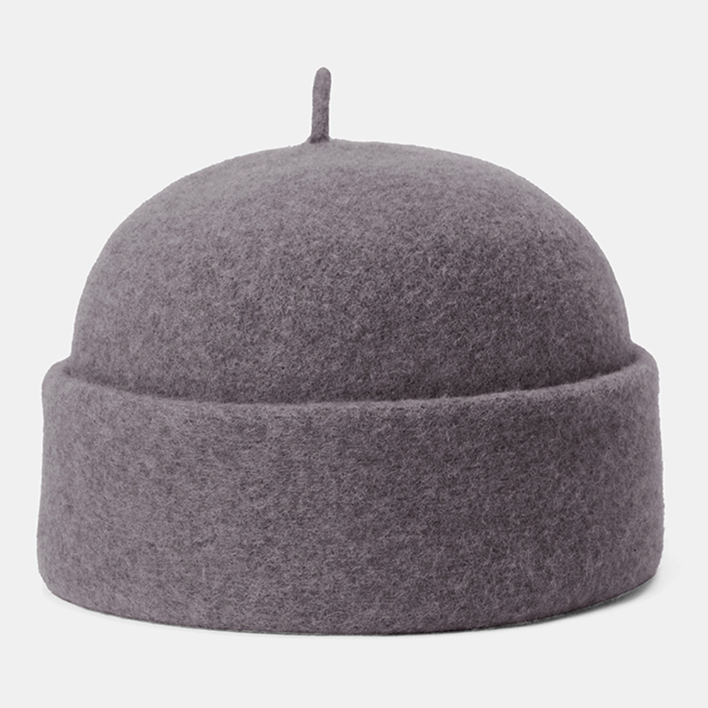 Men Woolen Autumn Winter Warm Landlord Cap Solid Color Curled Brim Windproof Sunshade Beanie Skull Hat