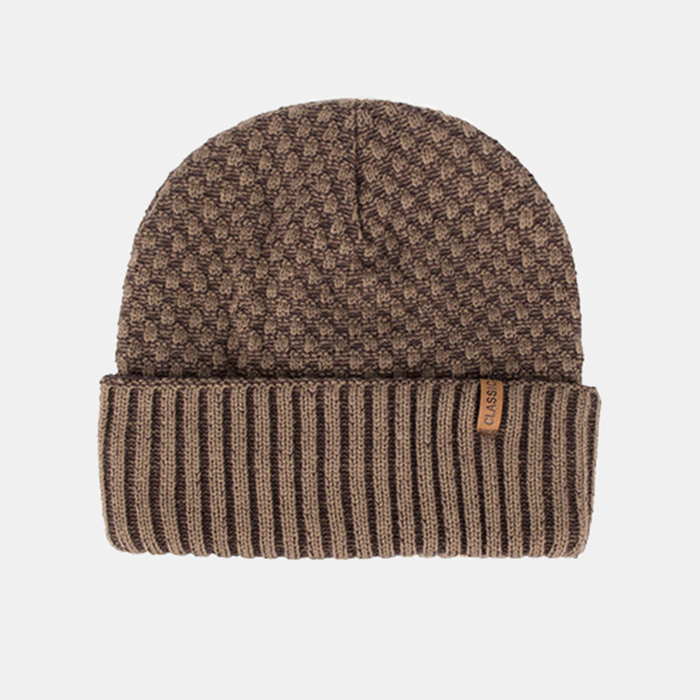 Men Solid Color Geometric Jacquard Knitted Hat Casual Acrylic Plus Velvet Warm Brimless Beanie Hat