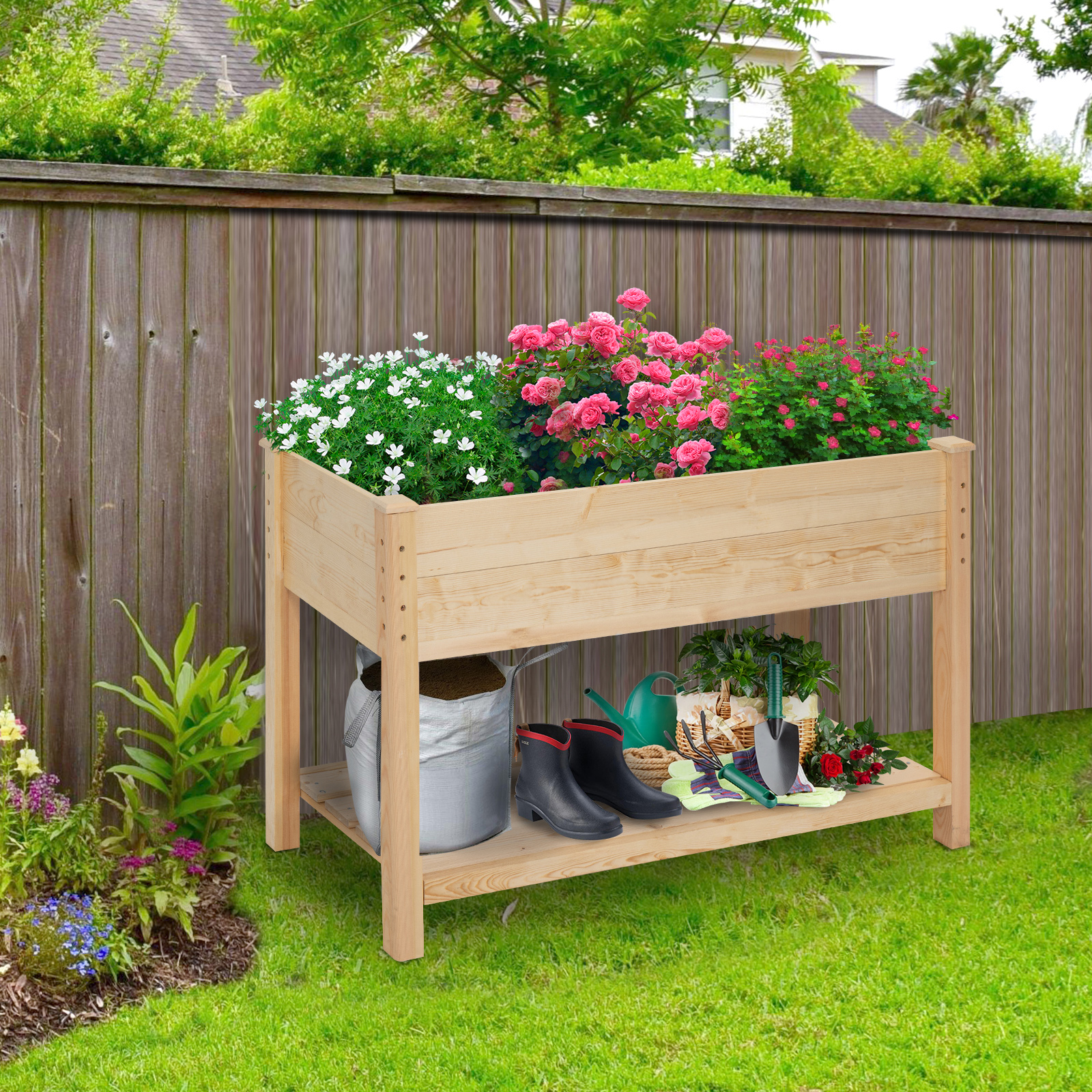 KingSo Raised Garden Bed 4FT Elevated Wooden Planter Boxes Kit Outdoor with Legs Garden Grow Box with Shelves for Vegetable Flower Patio