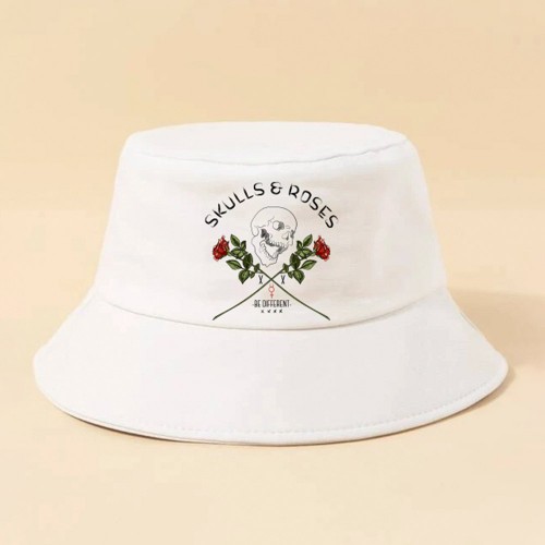 Unisex Letters Skull Pattern Sun Hat Cotton Rose Print Fashion Sun Protection Bucket Hat
