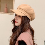 Women Solid Color Woolen Octagonal Hat Autumn-Winter Thickened Warm Beret Cap Painter Hat