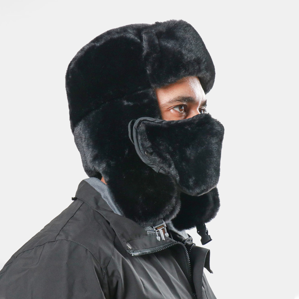 Men Faux Rabbit Fur Solid Color Ear Protection Detachable Mask Trapper Hat Winter Plus Velvet Thicken Windproof Warm Hat Ushanka Hat