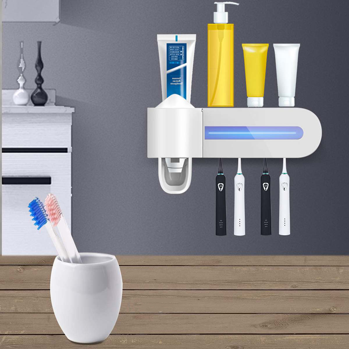 UV Toothbrush Holder 4 Slot Toothpaste Dispenser Toothbrush Storage Box Wall Mount Home Cleaner Sterilize Bathroom Accessories