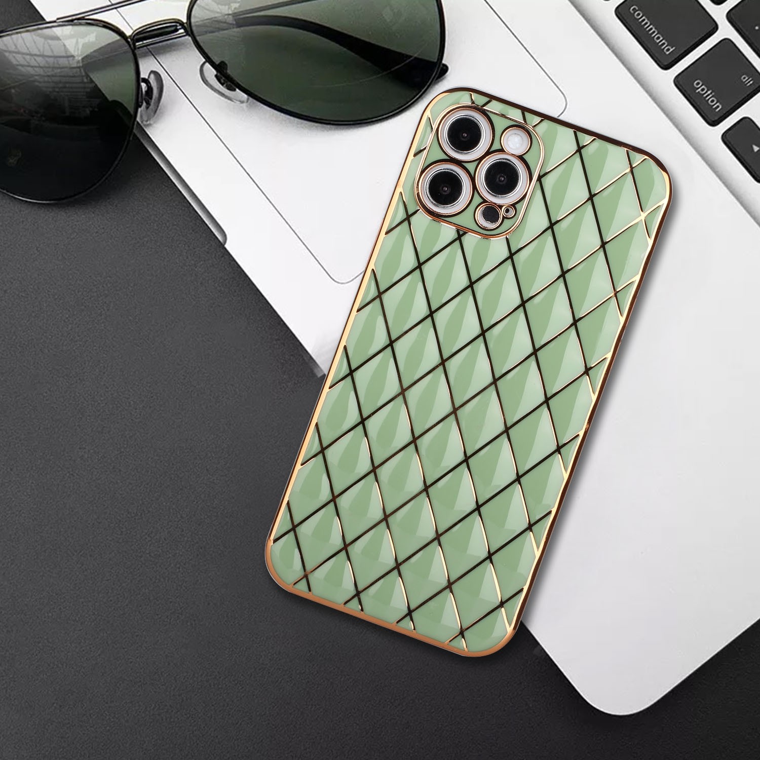 Electroplated Rhombic Pattern Sheepskin TPU Protective Case For iPhone 12 Pro Max (Avocado Green)