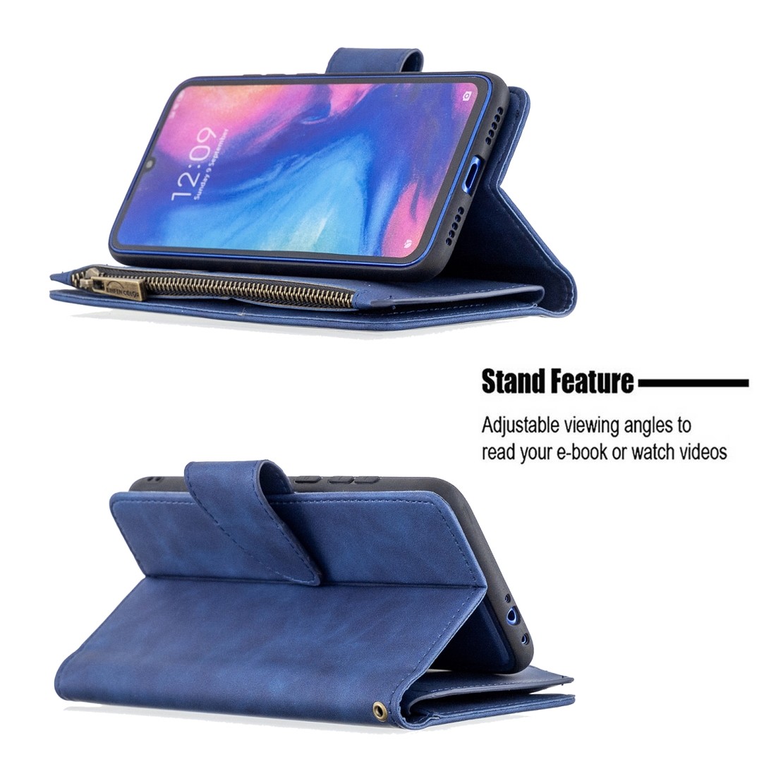 For Xiaomi Redmi Note 7 Skin Feel Detachable Magnetic Zipper Horizontal Flip PU Leather Case with Multi-Card Slots & Holder & Wallet & Photo Frame & Lanyard (Blue)