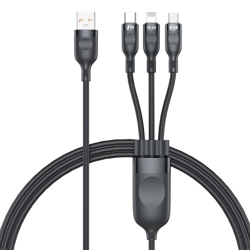 ADC-66 5A 66W 3 in 1 USB to 8 Pin + Micro USB + USB-C / Type-C Fast Charging Braided Data Cable, Cable Length: 1.2m