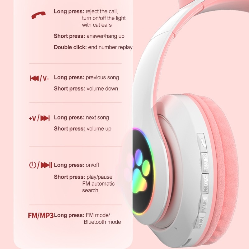 T&G TN-28 3.5mm Bluetooth 5.0 Dual Connection RGB Cat Ear Bass Stereo Noise-cancelling Headphones Support TF Card With Mic (Pink)