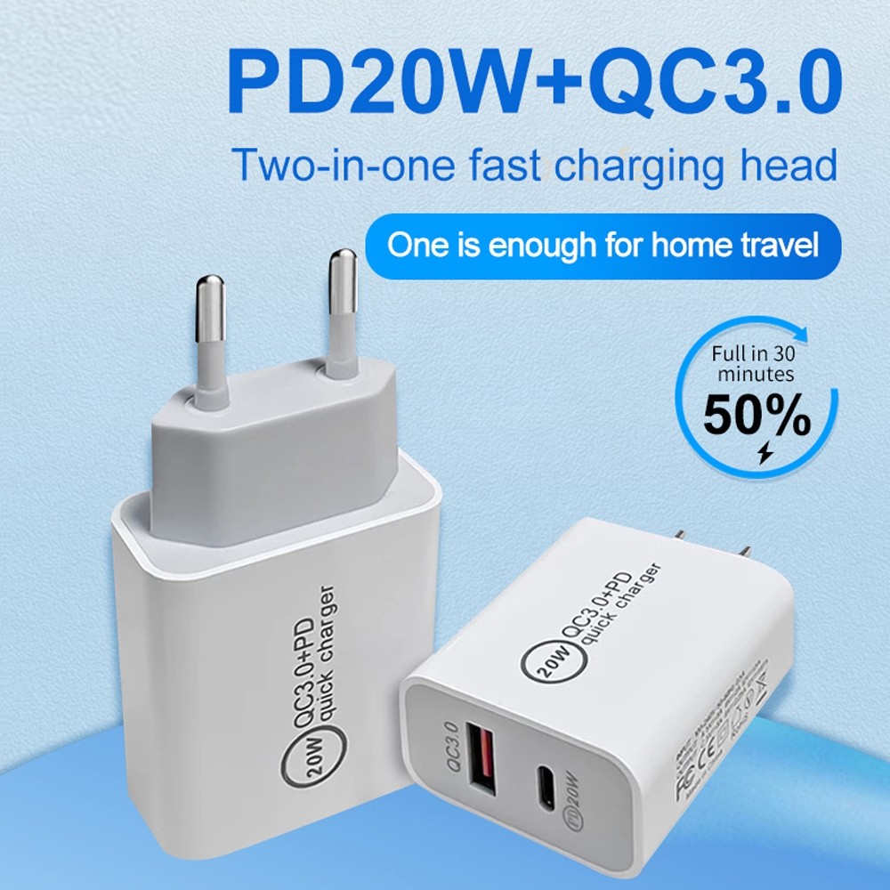 20W PD Type-C + QC 3.0 USB Interface Fast Charging Travel Charger with USB to Micro USB Fast Charge Data Cable AU Plug