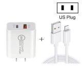 20W PD Type-C + QC 3.0 USB Interface Fast Charging Travel Charger with USB to 8 Pin Fast Charge Data Cable US Plug