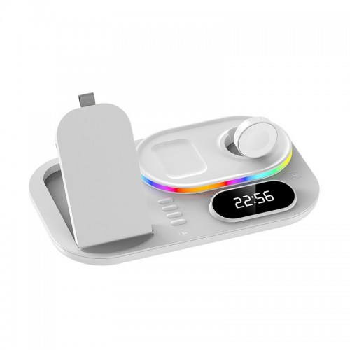 A06 3 in 1 Wireless Charger Fast Charging RGB Atmosphere Light with Clock For Smart Phone & iWatch & AirPods (White)