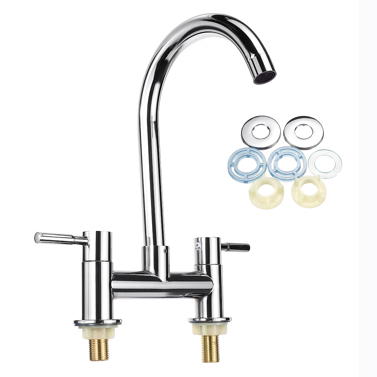 Kitchen Sink Faucet Hot Cold Mixer Tap Double Handle Double Hole Spout Finish Brushed Swivel Spray 360 Swivel