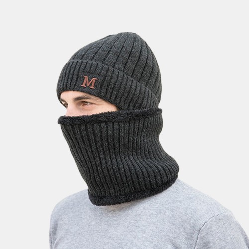 2 PCS Men M Letter Label Fleece Baotou Cap Scarf Mask Winter Plus Velvet Thicken Outdoor Windproof Warm Knitted Caps Beanie Skull Hat