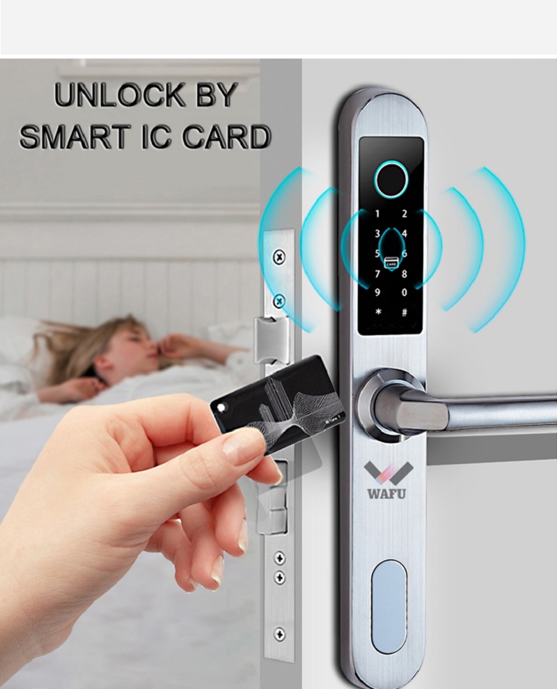 WAFU Fingerprint Smart Lock Stainless Steel Fingerprint Password Card Key Unlock Door Lock for Wooden Glass Aluminum Alloy Door