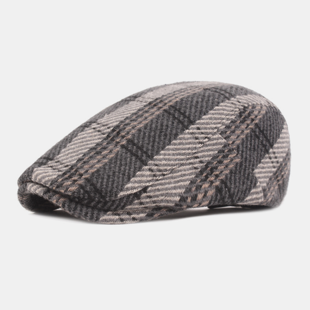 Men Cotton Plaids Pattern British Style Flat Hat Forward Hat Beret Hat