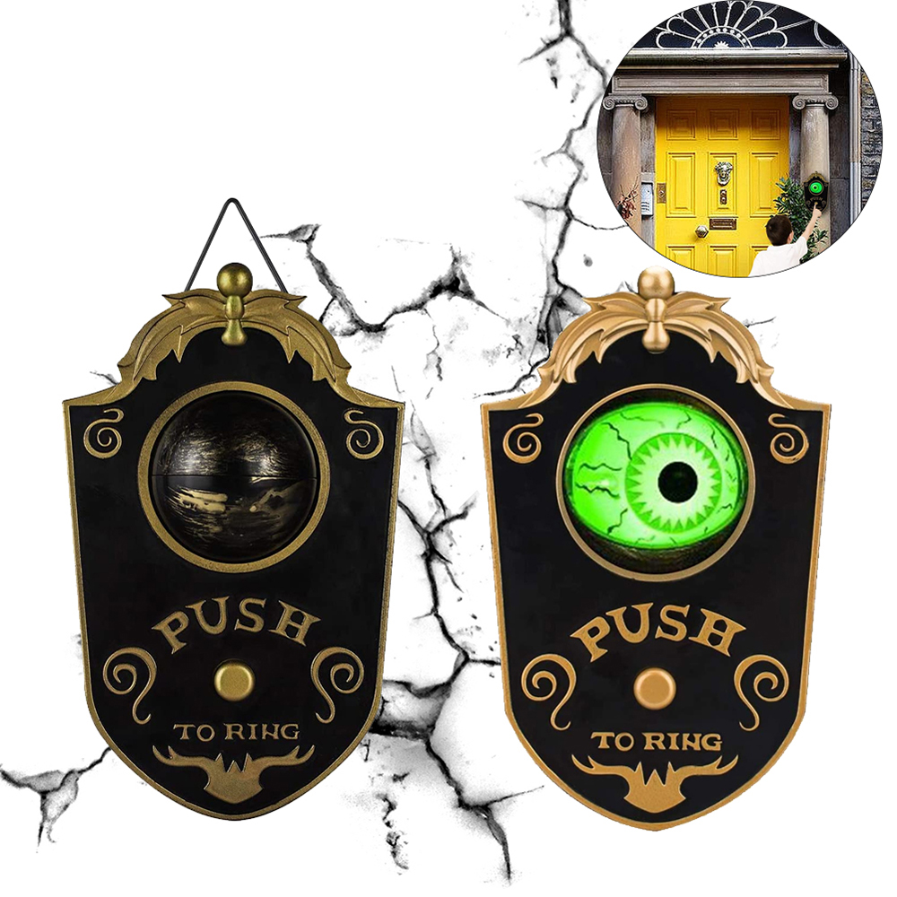 Black Halloween Animated Eye Doorbell with Green LED Light Rolling Eye Spooky Sounds for Creative Halloween Party Decoration Child Trick or Treat Event