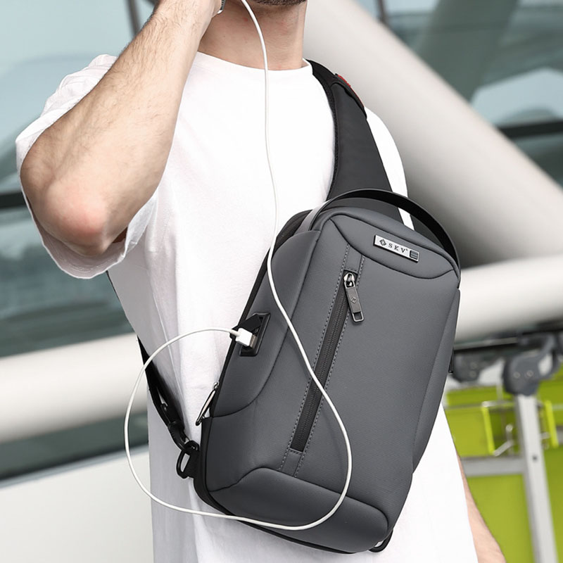 Men Fashion USB Charging Design Breathable Chest Bag Casual Travel Back Anti-theft Phone Pocket Crossbody Bag Shoulder Bag