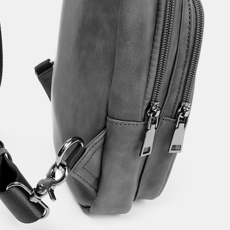 Men Solid Color Headphone Hole Design Multi-pocket Chest Bag Casual Outdoor PU Soft Leather Wear Resistant Crossbody Bags Shoulder Bag