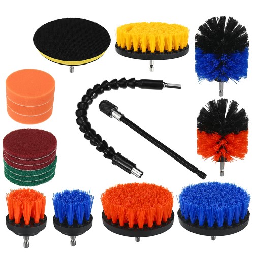 19pcs Drill Scrubber Cleaning Drill Brush Set with Sponge Extension Rod for Car Kitchen Grill Tile Toilet Bathroom