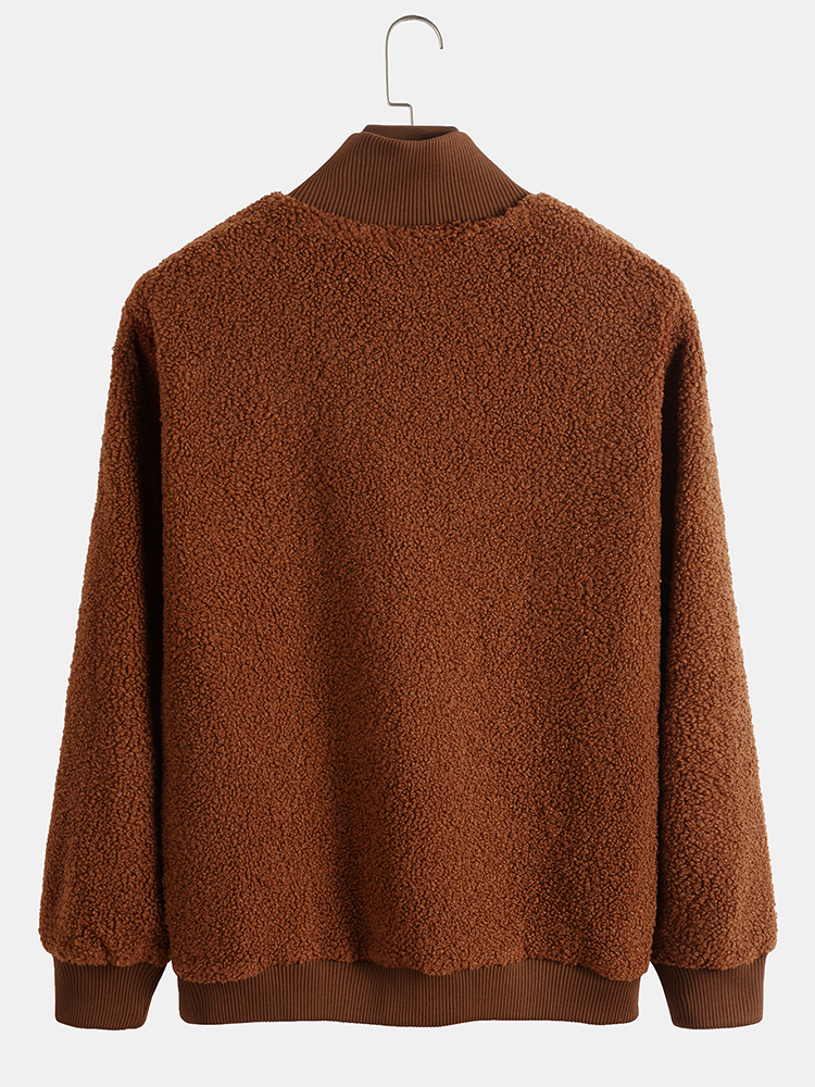Men Teddy Fleece High Neck Solid Color Half Zip Pullover Casual Sweatshirt