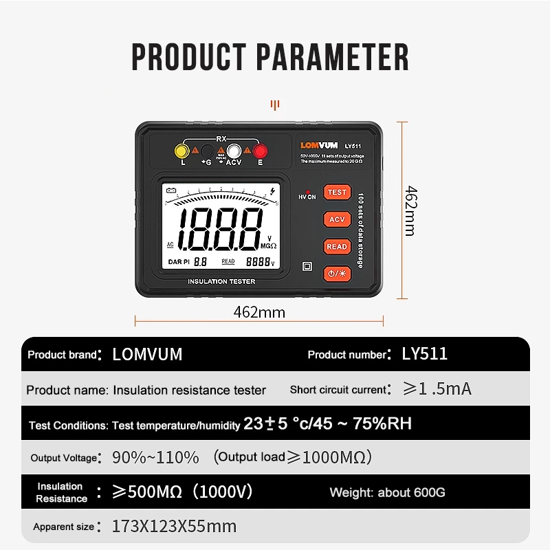 LOMVUM Digital Resistance Meter Insulation Resistance Tester 500V 1000M Smart Electrician Tool Backlit High Precision