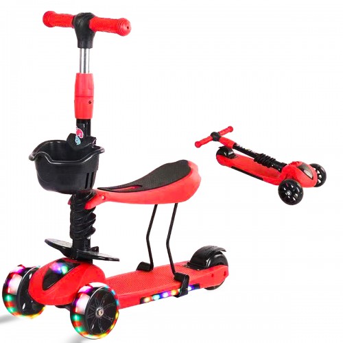 2-in-1 Folding Kids Scooter with Seat Saddle Toddlers Walker Children Bicycle with Flashing Wheels for 3-6 Years Old