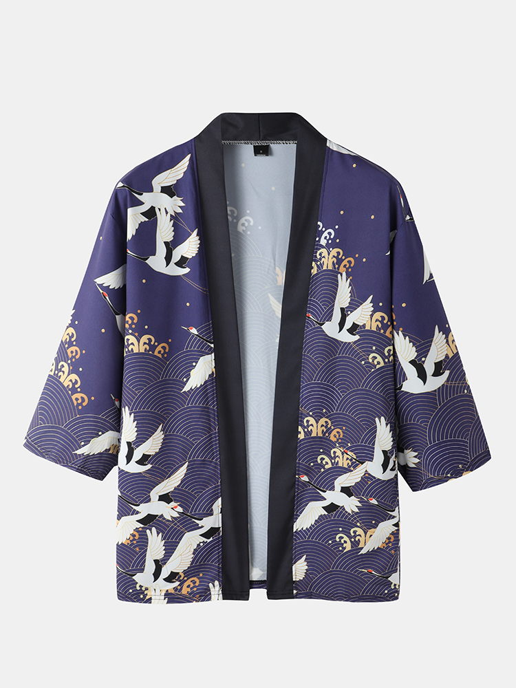 Mens Kimono Ethnic Style Crane Print Open Front Casual Two Pieces Outfits