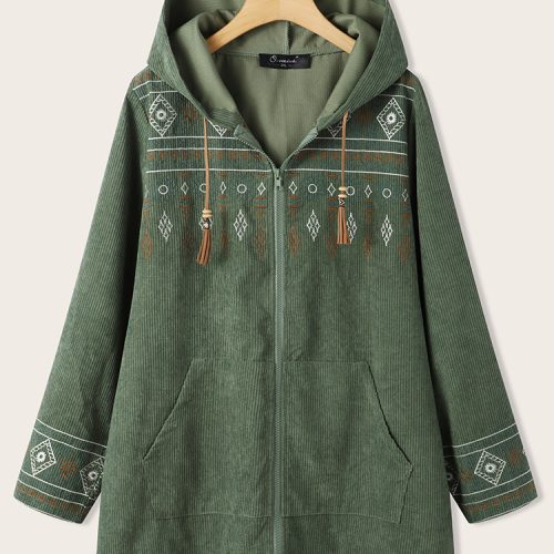 Women Ethnic Corduroy Embroidery Floral Zipper Front Coats