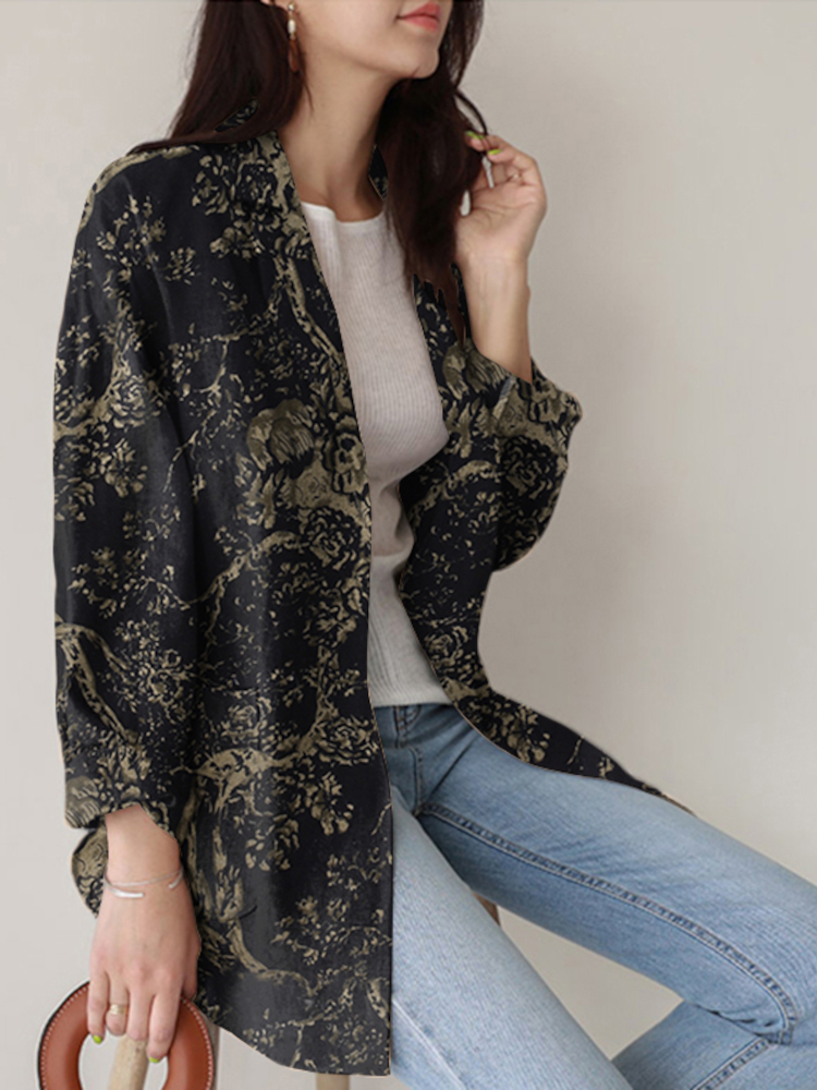 Women Loose Lapel Full Sleeve Floral Casual Side Pockets Coat