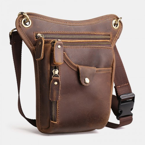 Men Retro Genuine Leather Multi-pocket Waist Bag Outdoor Sport 6.5 Inch Phone Bag Zipper Crossbody Bags Shoulder Bag