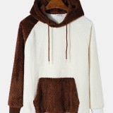 Men Fluffy Plush Two Color Kangaroo Pocket Drawstring Casual Hooded Sweatshirts