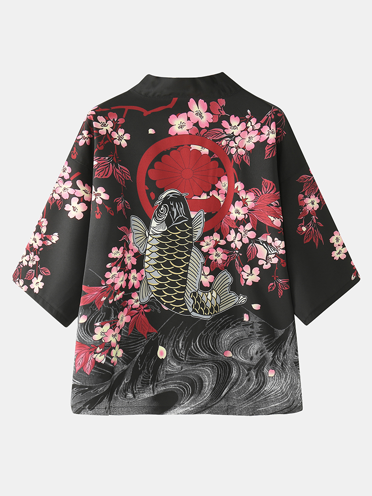 Mens Kimono Carp & Flower Print Japanese Fish Elastic Waist Two Piece Outfits