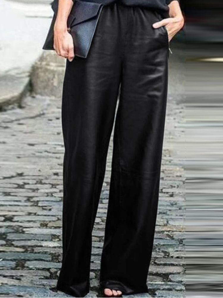 Women Casual Solid Wide-Legged Elastic Waist Side Pockets Leather Pants