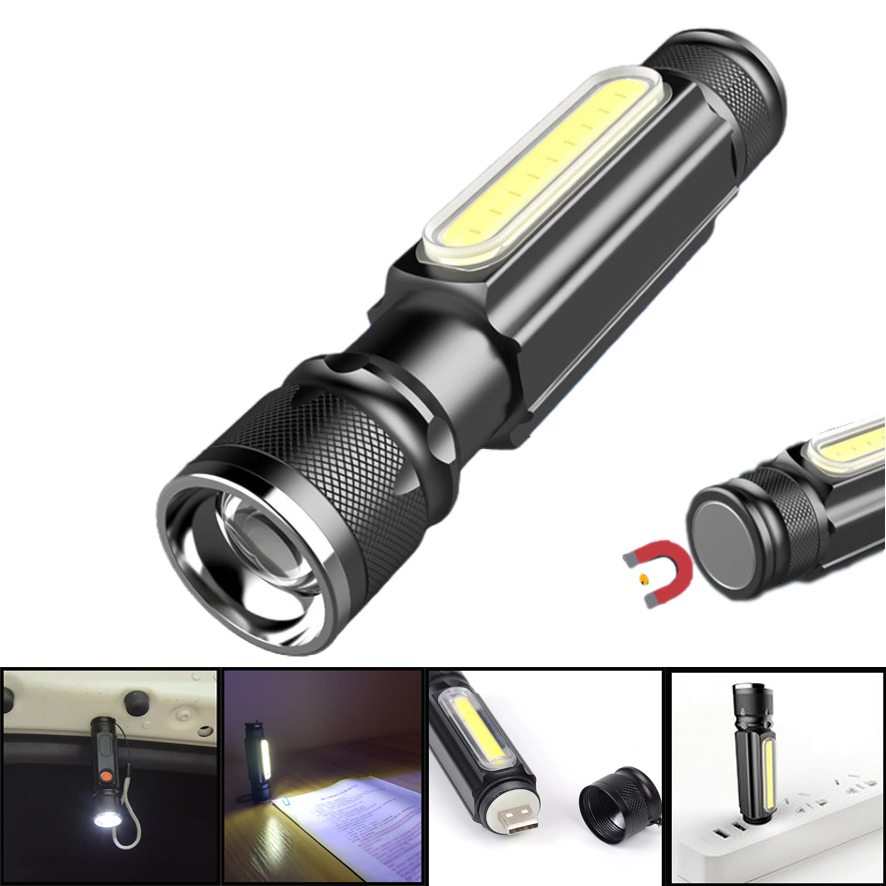 T6 LED Flashlights COB Side Work Light USB Rechargeable Magnetic Tail Zoomable