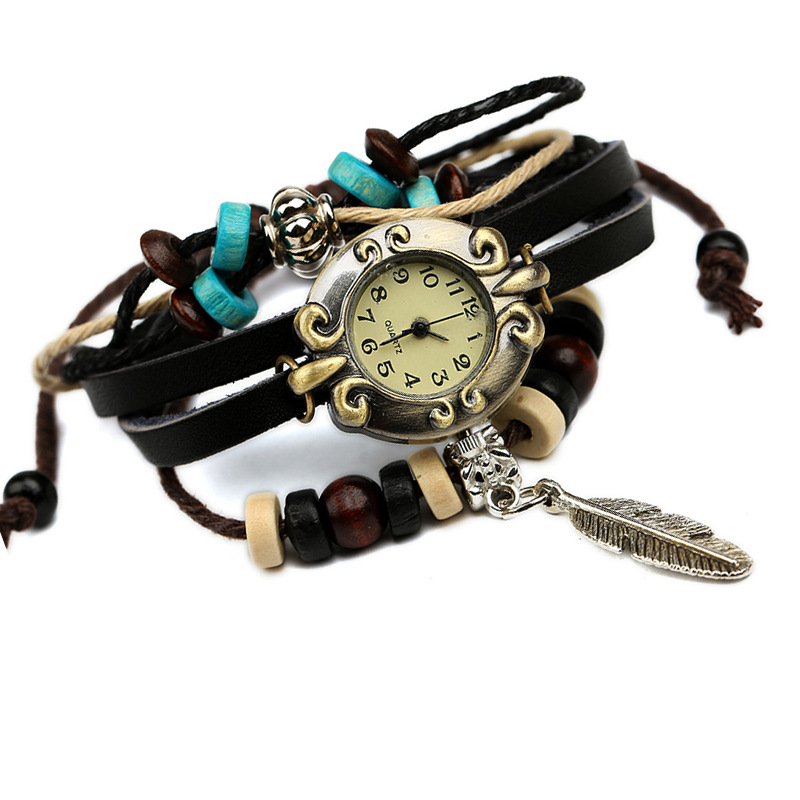 Retro Style Vintage Cowhide Multi-layer Quartz Watch Weave Feather Pendant Leather Bracelet Watch