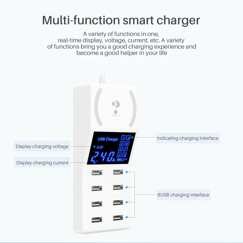 Bakeey 40W 8-Port USB Charger LED Display Fast Charging Wall Charger Adapter EU Plug for iPhone 12 Pro Max for Samsung Galaxy Note S20 ultra Huawei Mate40 OnePlus 8 Pro